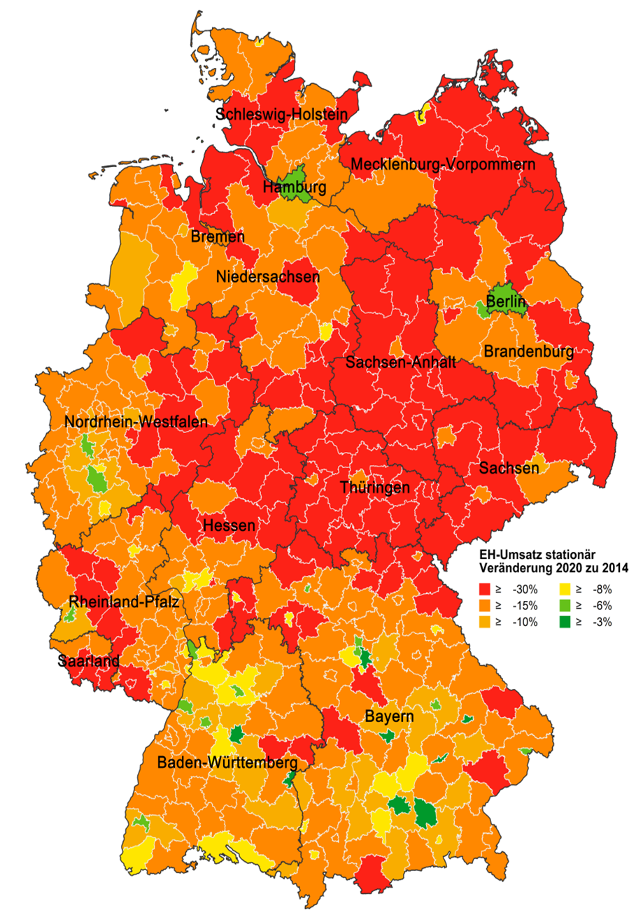 In den grünen Bereichen ist der Rückgang der Geschäfte verkraftbar. In den dunkelroten Gebieten übernimmt der Onlinehandel die Rolle des Versorgers